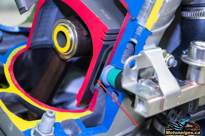 Une des caractéristiques des moteurs C-TEC2, une fente dans la jupe des pistons permettant l'injection dans la base du moteur Une des caractéristiques des moteurs C-TEC2, une fente dans la jupe des pistons permettant l'injection dans la base du moteur